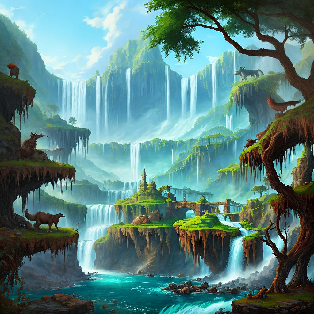  in a fantasy setting, Paint a surreal landscape where mythical beasts roam amidst cascading waterfalls.