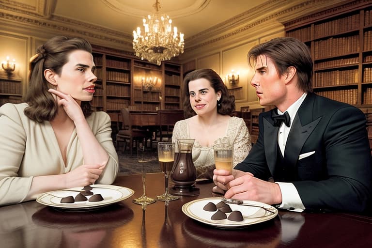  Tom Cruise and attractive Hayley Atwell, mission impossible sitting romantically together in a Kentucky mansion library room. Foreground plate of fine dark chocolates on a coffee table. Background Kentucky historic home. Painting style of Edgar Degas