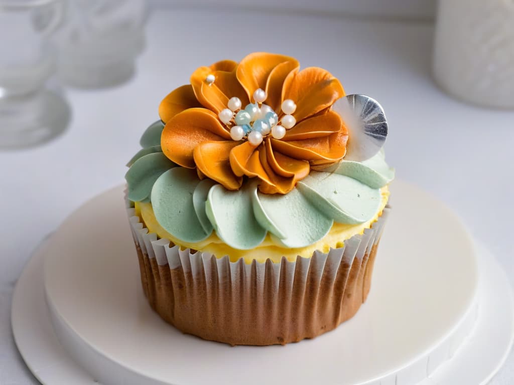  A closeup, ultradetailed image of a beautifully decorated glutenfree cupcake with vibrant colors and intricate frosting designs, sitting on a pristine white ceramic plate. The cupcake is adorned with delicate edible flowers and shimmering sugar pearls, showcasing meticulous attention to detail and craftsmanship. The lighting is soft, highlighting the textures and colors of the dessert, creating a visually stunning and appetizing composition that embodies the artistry of glutenfree baking for individuals with celiac disease. hyperrealistic, full body, detailed clothing, highly detailed, cinematic lighting, stunningly beautiful, intricate, sharp focus, f/1. 8, 85mm, (centered image composition), (professionally color graded), ((bright soft diffused light)), volumetric fog, trending on instagram, trending on tumblr, HDR 4K, 8K