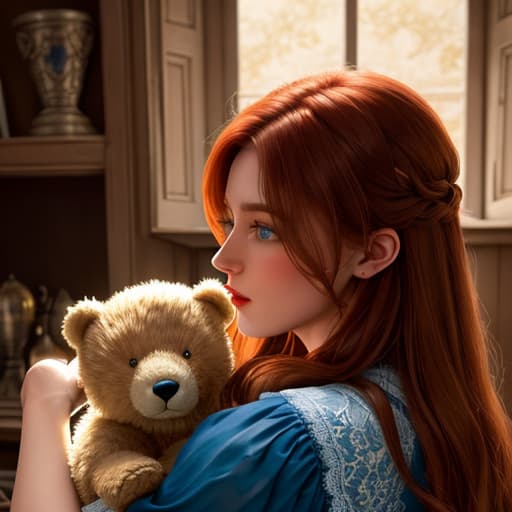  In a dimly lit attic playroom, filled with nostalgic memorabilia and forgotten toys, a 18 with sparkling blue eyes and untamed auburn hair ly poses. She cradles her cherished teddy bear under one arm, wearing a vintage, lace- set, transforming the space into a whimsical blend of hood innocence and budding self-expression. hyperrealistic, full body, detailed clothing, highly detailed, cinematic lighting, stunningly beautiful, intricate, sharp focus, f/1. 8, 85mm, (centered image composition), (professionally color graded), ((bright soft diffused light)), volumetric fog, trending on instagram, trending on tumblr, HDR 4K, 8K