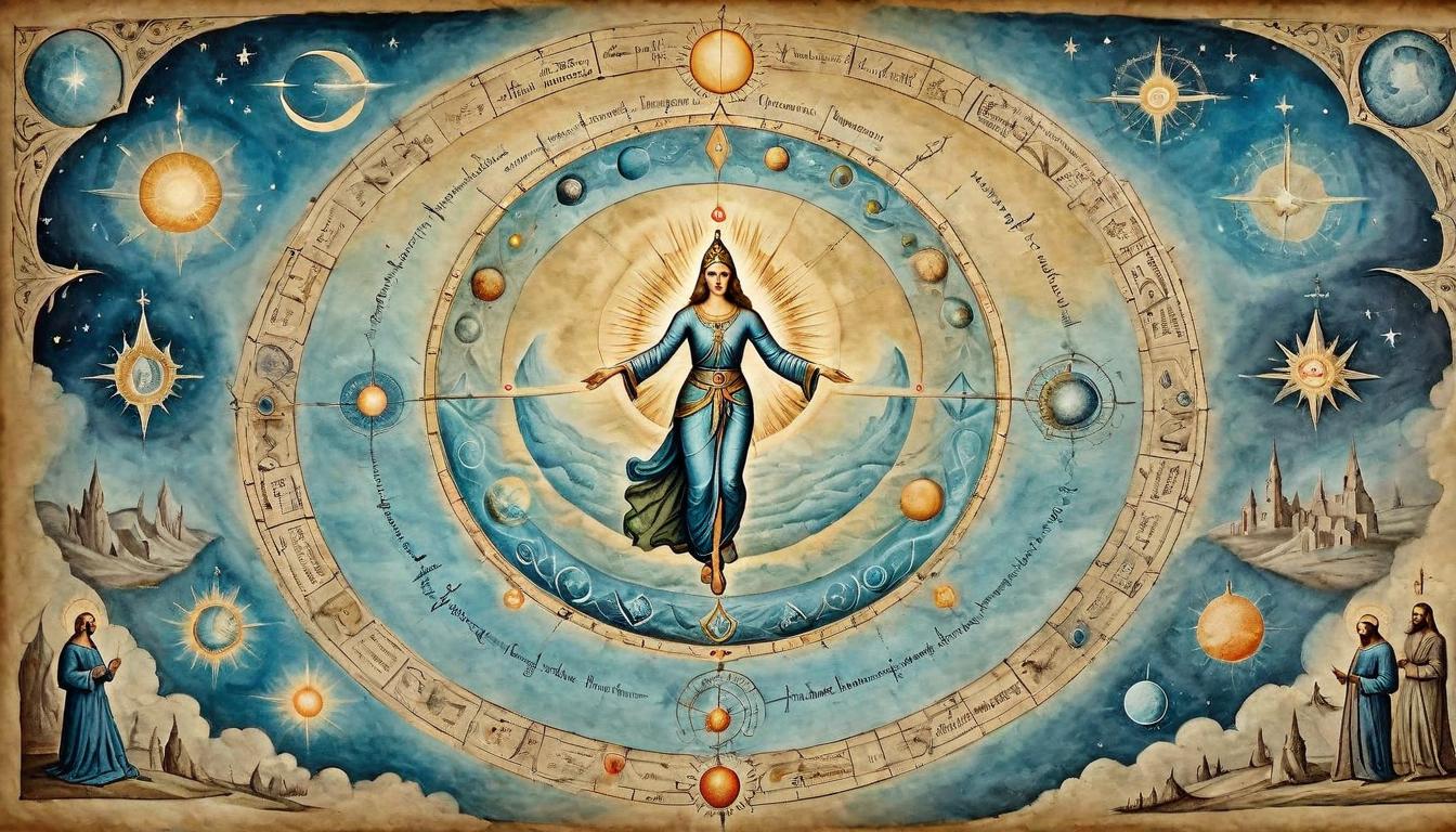  on parchment, surrealism+++, Perfect energy alignment, celestial harmonics, figure glowing with divine resonance, radiant, transcendent(mysterious, provocative, symbolic,muted color)+++