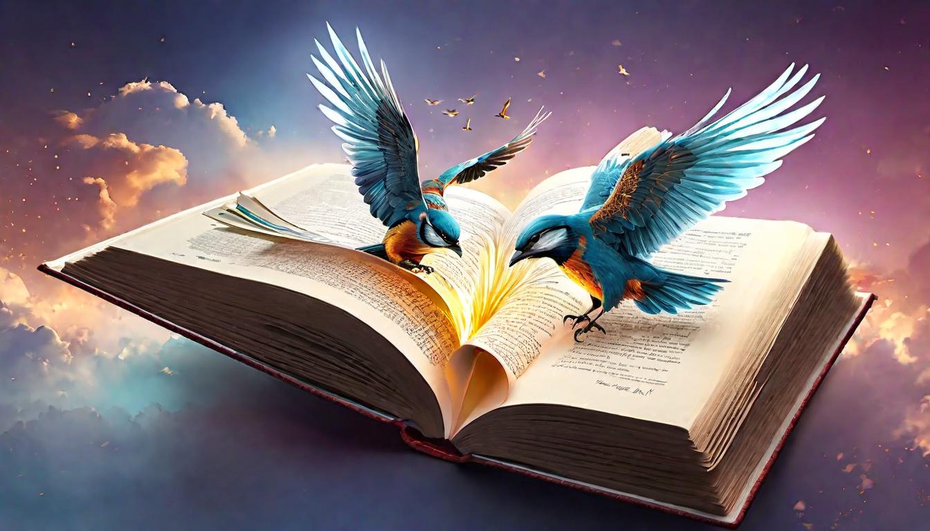  digital illustration An open book emitting a soft glow, words transforming into birds taking flight, courage in service, life as a testament, inspiration, empowerment through knowledge looking at viewer, dynamic pose, (intricate details, masterpiece, best quality)