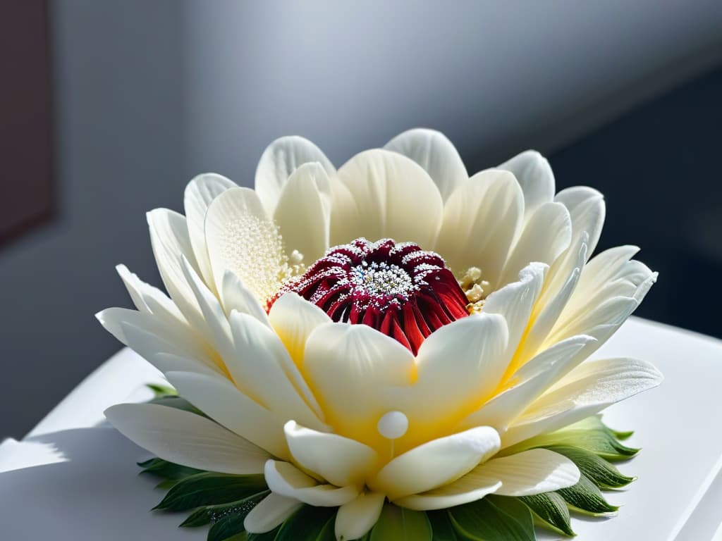  A closeup, ultradetailed image of a delicate sugar flower being meticulously crafted by skilled hands, showcasing the intricate details and artistry involved in pastry techniques. The image captures the precise movements and focus of the pastry chef, highlighting the beauty and complexity of creating edible works of art through the lens of minimalistic elegance. hyperrealistic, full body, detailed clothing, highly detailed, cinematic lighting, stunningly beautiful, intricate, sharp focus, f/1. 8, 85mm, (centered image composition), (professionally color graded), ((bright soft diffused light)), volumetric fog, trending on instagram, trending on tumblr, HDR 4K, 8K