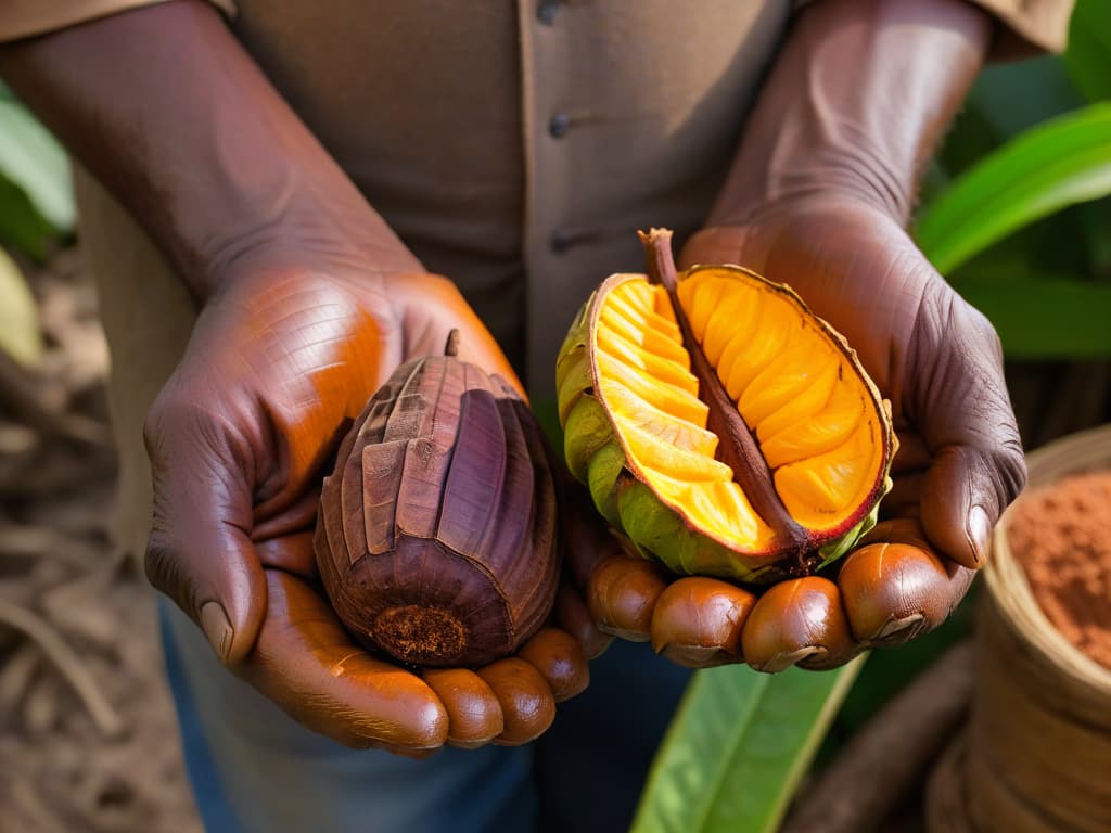  A closeup, ultradetailed image of a pair of weathered hands gently holding a vibrant, ripe cocoa pod, showcasing the intricate textures and rich colors of the pod's surface. The hands belong to a smiling, elderly cocoa farmer with deep wrinkles and calloused palms, conveying years of hard work and dedication to cultivating sustainable, fair trade ingredients. The background is softly blurred, emphasizing the farmer's hands and the cocoa pod in the forefront, symbolizing the connection between the producer and the raw, natural beauty of the ingredients in the Fair Trade supply chain. hyperrealistic, full body, detailed clothing, highly detailed, cinematic lighting, stunningly beautiful, intricate, sharp focus, f/1. 8, 85mm, (centered image composition), (professionally color graded), ((bright soft diffused light)), volumetric fog, trending on instagram, trending on tumblr, HDR 4K, 8K