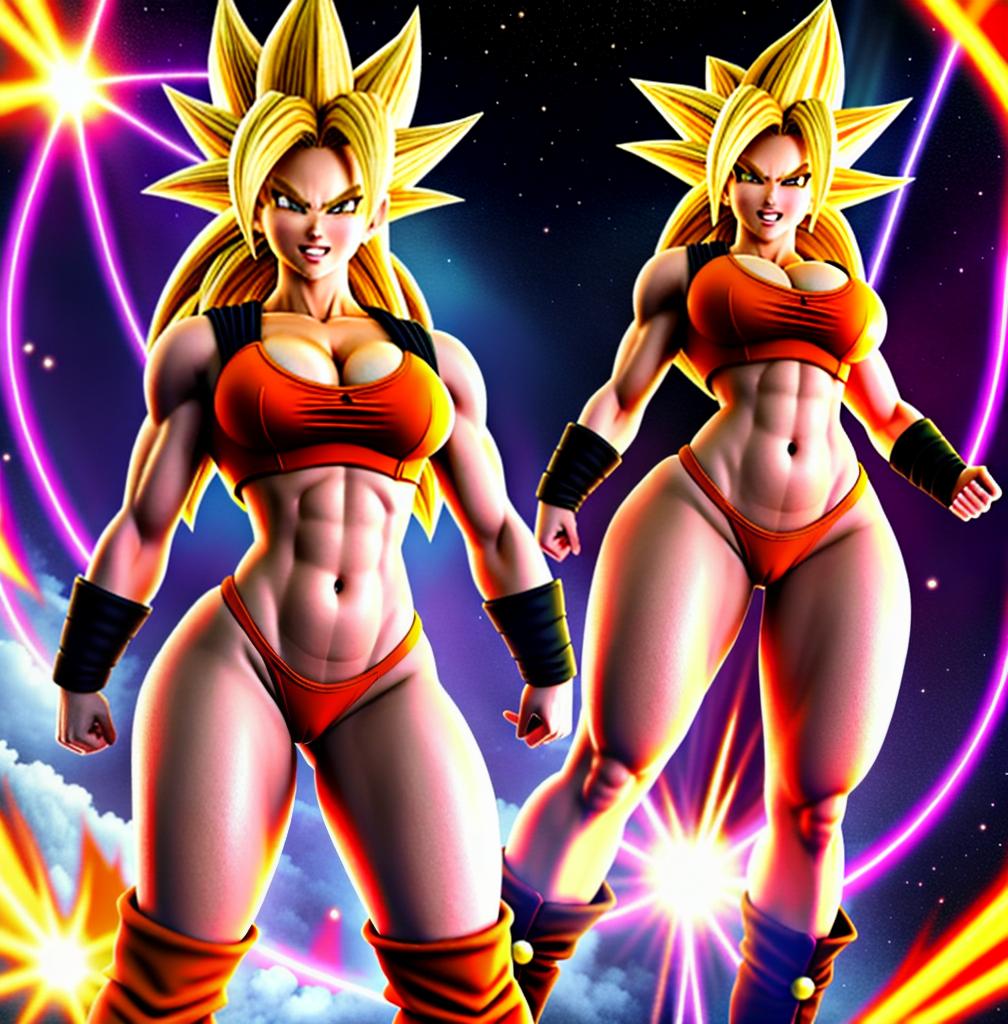  ((foto de cuerpo completo, pie plano, cuerpo recto)), ((laura {Super Super Saiyan mujer con grandes pechos})), ((lleva puesto son goku+Los disfraces de ella son extremadamente ajustados a su cuerpo.))