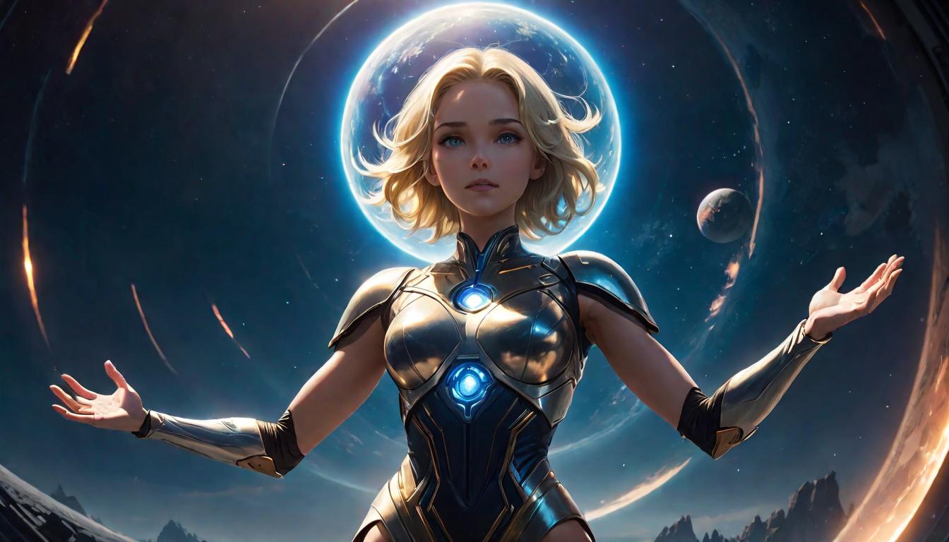  1girl, large busted attractive blonde arian female humanoid, wearing a celestial gown, raising her hands towards a glowing orb above Earth, theme of unity and awakening, high tech clothing clad in sleek, futuristic costume with metallic accents and form fitting designs, marvel superhero comics style, unreal engine rendering