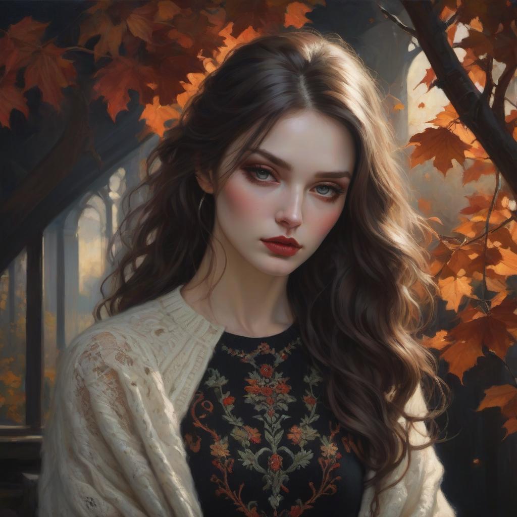  gothic style Sweater girl. Oil painting by Malcolm Liepke. autumn colors, cozy oversized sweater, flowing hair, intricate details, rich textures, masterful use of light and shadow, contemporary art . dark, mysterious, haunting, dramatic, ornate, detailed hyperrealistic, full body, detailed clothing, highly detailed, cinematic lighting, stunningly beautiful, intricate, sharp focus, f/1. 8, 85mm, (centered image composition), (professionally color graded), ((bright soft diffused light)), volumetric fog, trending on instagram, trending on tumblr, HDR 4K, 8K