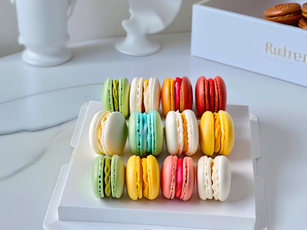  An ultradetailed 8k image of a pristine, white marble countertop in a bright, sunlit kitchen. On the countertop, there are neatly arranged rows of colorful macarons in various flavors, each delicately decorated with intricate designs and toppings. The macarons are perfectly symmetrical, creating a visually stunning and enticing display that is both elegant and mouthwatering. The lighting captures the glossy texture of the macarons and highlights their vibrant colors, making them appear almost too beautiful to eat. hyperrealistic, full body, detailed clothing, highly detailed, cinematic lighting, stunningly beautiful, intricate, sharp focus, f/1. 8, 85mm, (centered image composition), (professionally color graded), ((bright soft diffused light)), volumetric fog, trending on instagram, trending on tumblr, HDR 4K, 8K