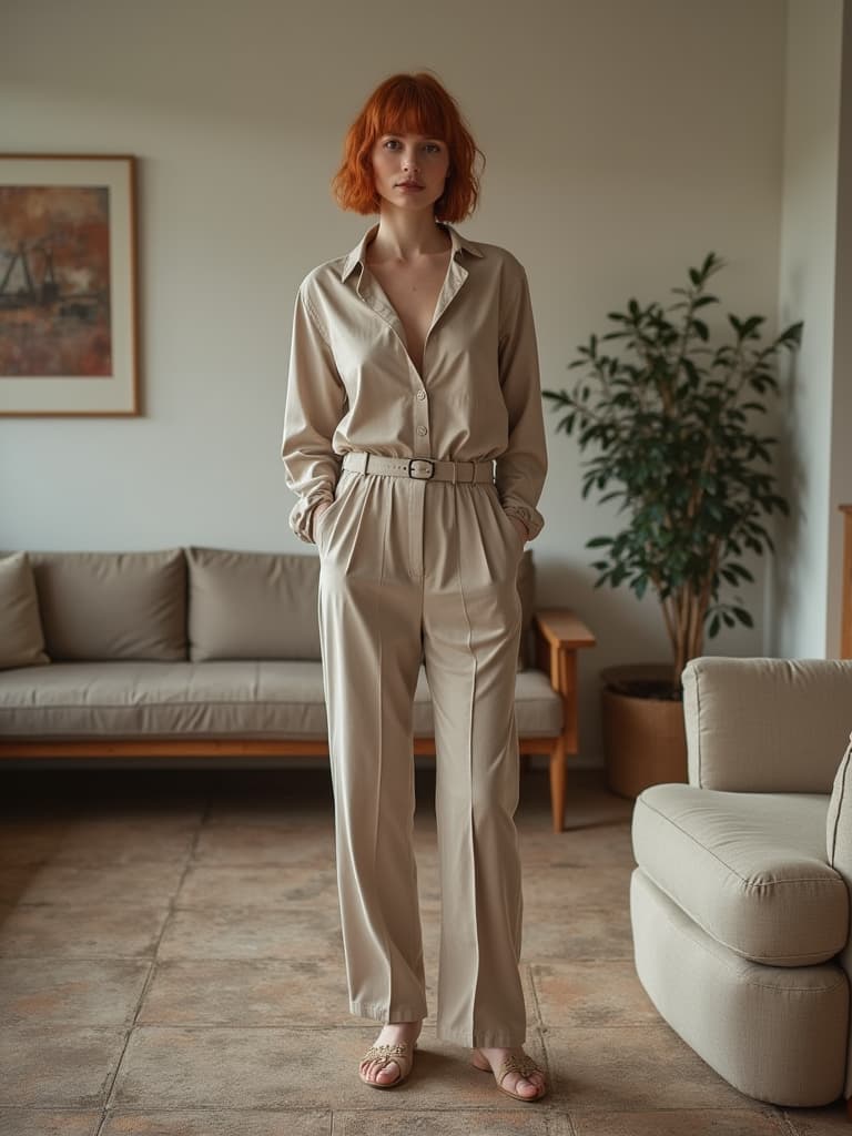  this prompt describes a full body photograph of a young adult redhead female, aged between 20 and 29, styled in the fashion of mario testino. she is depicted in a scandinavian style living room characterized by simplicity, functionality, clean lines, and muted tones, creating a warm and inviting atmosphere. the room is a gathering space for relaxation and entertainment, densely furnished and decorated. her outfit is by saint laurent, complemented with ray ban accessories, and her short, red strands are styled in a modern look. the photograph, an unedited 8k masterpiece, is hyperrealistic, photorealistic, and highly detailed, showcasing professional color grading and bright, soft, diffused midday lighting. this stunningly beautiful and intri