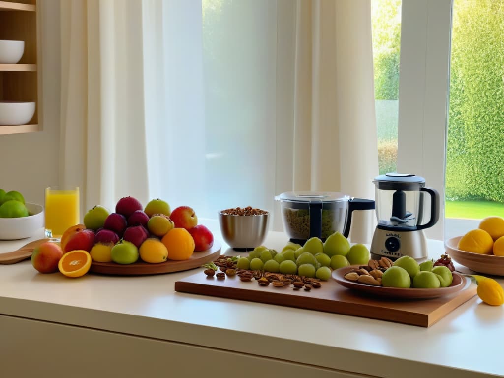  An ultradetailed image of a serene kitchen filled with an abundance of vibrant, fresh fruits and nuts neatly organized on sleek, minimalist countertops. A ray of soft, natural light filters through sheer curtains, casting a gentle glow on a stack of wholesome recipe books and a sleek modern blender. In the background, a set of stainless steel measuring cups and spoons hang from a stylish rack, while a bowl of colorful chia seeds adds a pop of visual interest to the scene. The overall aesthetic exudes a sense of calm, order, and a deep connection to nature, perfectly encapsulating the essence of healthy baking and culinary wellness. hyperrealistic, full body, detailed clothing, highly detailed, cinematic lighting, stunningly beautiful, intricate, sharp focus, f/1. 8, 85mm, (centered image composition), (professionally color graded), ((bright soft diffused light)), volumetric fog, trending on instagram, trending on tumblr, HDR 4K, 8K