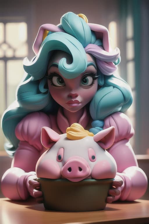  Bakery,unicorn Disney style’putting muffins 0.8 into oven (should be talking to a pig) in the 80’s focus 80’s style unicorn’s donkey features,green hair,orange eyes, good hands hyperrealistic, full body, detailed clothing, highly detailed, cinematic lighting, stunningly beautiful, intricate, sharp focus, f/1. 8, 85mm, (centered image composition), (professionally color graded), ((bright soft diffused light)), volumetric fog, trending on instagram, trending on tumblr, HDR 4K, 8K