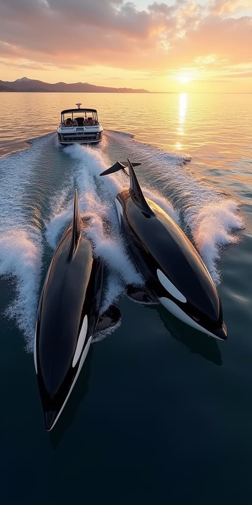  good quality, high quality, a killer whale swimming right next to a speed boat, on the water surface, speed boat is on the left side, killer whale on the right side, camera angle is from the upper left, sunset, highly detailed water, photorealistic,