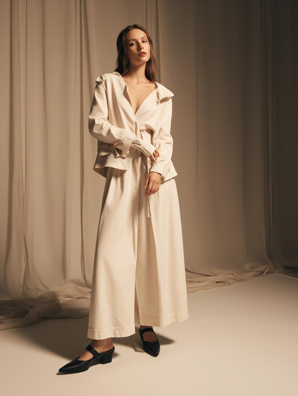  detail, ultra realistic photo, minimalist fashion scene featuring soft, flowing fabrics with a neutral color palette of warm, earthy tones. the material has a smooth, delicate texture, and the lighting is soft, casting gentle shadows to create a serene and refined atmosphere. the overall style is elegant yet understated, with an emphasis on clean lines and natural aesthetics. variations in colors and complementary accessories are encouraged to maintain the minimalist mood. hyperrealistic, full body, detailed clothing, highly detailed, cinematic lighting, stunningly beautiful, intricate, sharp focus, f/1. 8, 85mm, (centered image composition), (professionally color graded), ((bright soft diffused light)), volumetric fog, trending on instagram, trending on tumblr, HDR 4K, 8K