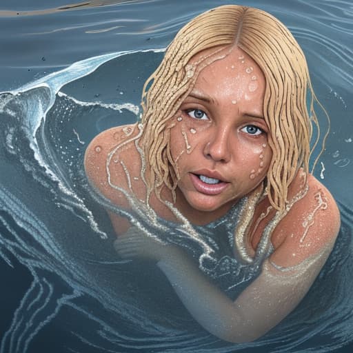  tanned blonde woman's face is in the water she's sinking and drowning she's panic a lot of water waves and splashes around her