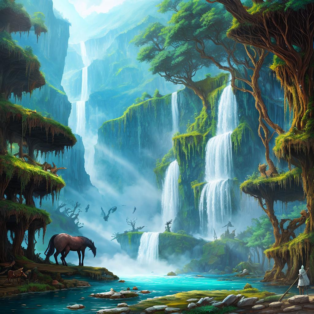  in a fantasy setting, Paint a surreal landscape where mythical beasts roam amidst cascading waterfalls.