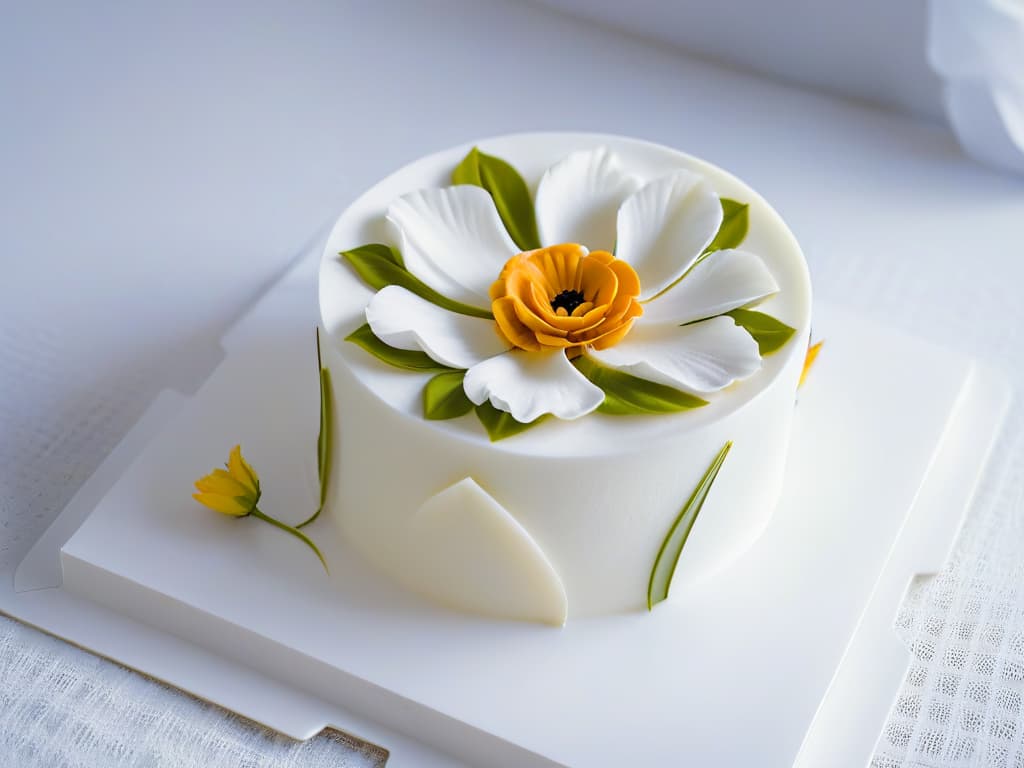  A minimalistic image featuring a closeup of a delicate, intricately designed sugar flower created using a 3D printer in a bakery setting. The flower is displayed on a pristine white plate, showcasing the precision and artistry achievable with 3D printing technology in the realm of pastry and confectionery. The details of the flower's petals, curves, and textures are highlighted, emphasizing the fusion of innovation and craftsmanship in modern culinary practices. hyperrealistic, full body, detailed clothing, highly detailed, cinematic lighting, stunningly beautiful, intricate, sharp focus, f/1. 8, 85mm, (centered image composition), (professionally color graded), ((bright soft diffused light)), volumetric fog, trending on instagram, trending on tumblr, HDR 4K, 8K