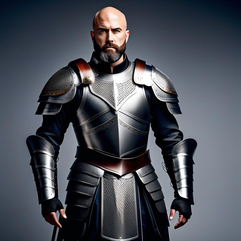  Corporate branding style A bald, bearded warrior in armor suits, without a helmet. . Professional, clean, modern, sleek, minimalist, business oriented, highly detailed hyperrealistic, full body, detailed clothing, highly detailed, cinematic lighting, stunningly beautiful, intricate, sharp focus, f/1. 8, 85mm, (centered image composition), (professionally color graded), ((bright soft diffused light)), volumetric fog, trending on instagram, trending on tumblr, HDR 4K, 8K