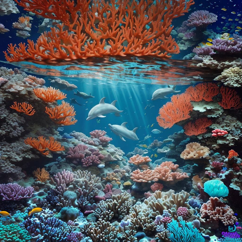  masterpiece, best quality, Most Beautiful in deep sea teeming with vibrant corals, diverse marine life, and enchanting underwater landscapes, full of corals, acrophore, small fishes, anemones, dolphin, various algaes, caves, colorful,all captured in stunning 8k resolution with intricate details.