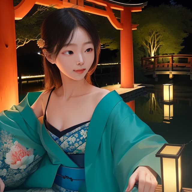  masterpiece, best quality, (Fidelity: 1.4), Best Quality, Masterpiece, Ultra High Resolution, 8k resolution, A night view inspired by Japanese art, featuring a garden illuminated by paper lanterns and a wooden bridge spanning a tranquil lake, by the lakeside, there is a small Zen temple. The water reflects the starry sky.