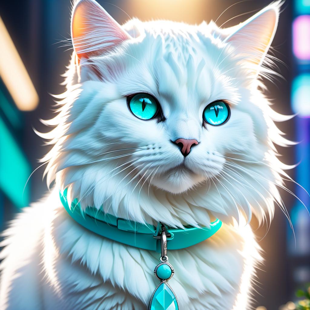  anime artwork white cat with turquoise eyes . anime style, key visual, vibrant, studio anime, highly detailed hyperrealistic, full body, detailed clothing, highly detailed, cinematic lighting, stunningly beautiful, intricate, sharp focus, f/1. 8, 85mm, (centered image composition), (professionally color graded), ((bright soft diffused light)), volumetric fog, trending on instagram, trending on tumblr, HDR 4K, 8K