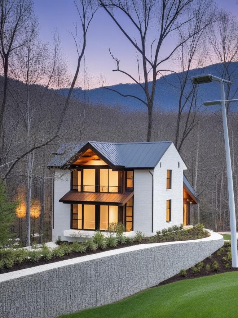 redesign the building exterior in a modern minimalist architectural style, featuring smooth white concrete walls, large glass windows, clean lines, and ambient exterior lighting. replace traditional design elements with sleek, contemporary finishes. keep the perspective and overall structure intact