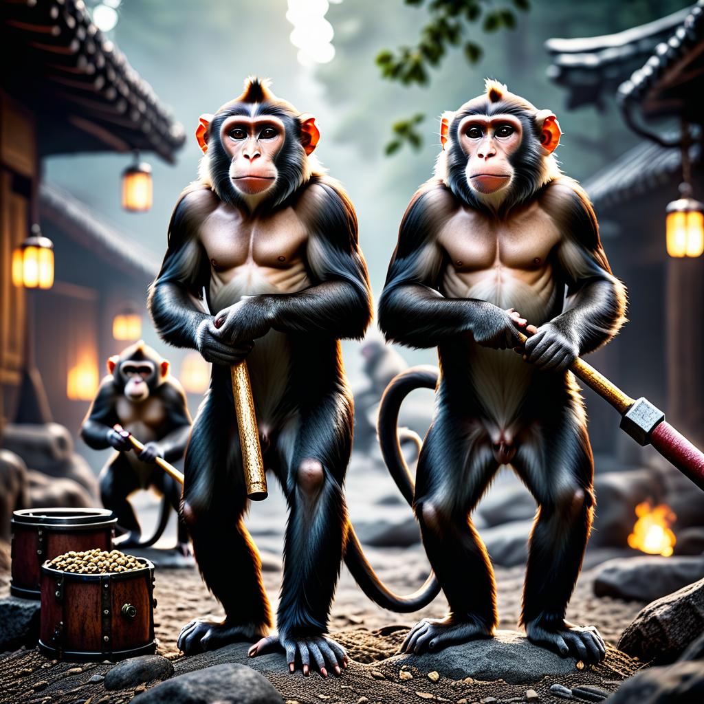  cinematic film still Draw several monkeys holding hammers in their hands. . shallow depth of field, vignette, highly detailed, high budget, bokeh, cinemascope, moody, epic, gorgeous, film grain, grainy hyperrealistic, full body, detailed clothing, highly detailed, cinematic lighting, stunningly beautiful, intricate, sharp focus, f/1. 8, 85mm, (centered image composition), (professionally color graded), ((bright soft diffused light)), volumetric fog, trending on instagram, trending on tumblr, HDR 4K, 8K