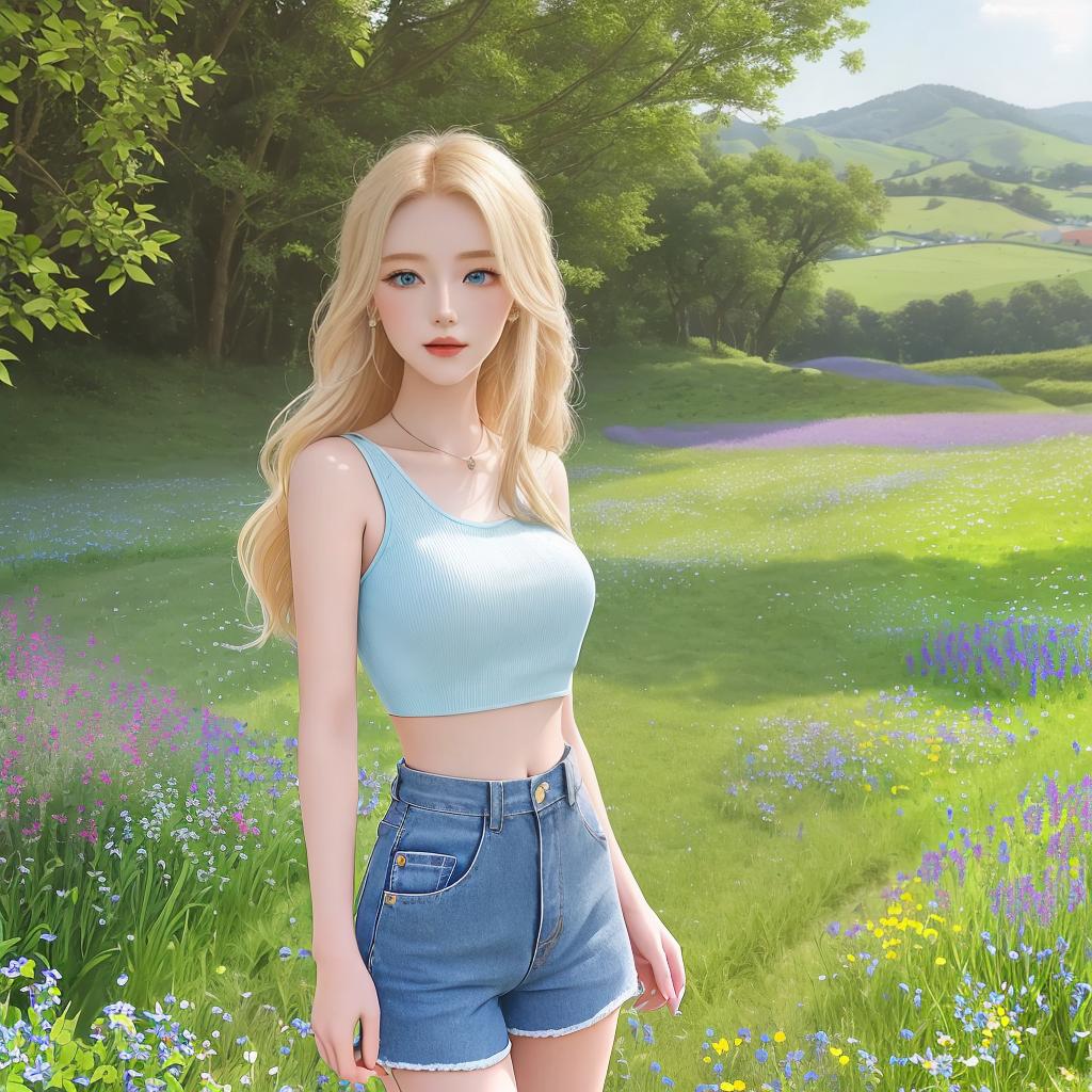  masterpiece, best quality, A young woman with flowing blonde hair and piercing blue eyes stands in a sunlit field. She is dressed in a pastel purple crop top that perfectly complements her fair complexion. Her slender figure is accentuated by a pair of stylish short shorts. Her baddie nails add a touch of edginess to her overall look. The environment is a picturesque countryside with rolling green hills and colorful wildflowers. The mood is carefree and youthful, evoking a sense of summer adventure. The style is photography, capturing the beauty of natural surroundings. Soft, warm lighting enhances the dreamy atmosphere, casting a gentle glow on the woman's features. The realization is achieved through a high-resolution camera with a shallo