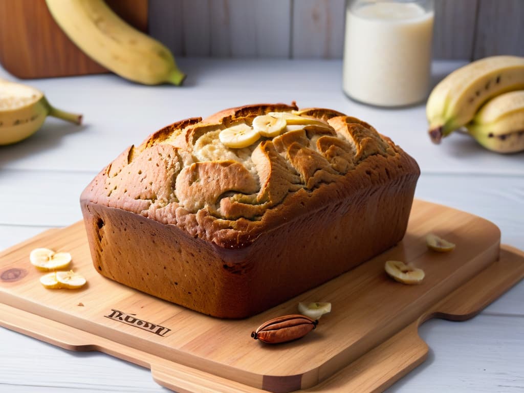  A photorealistic image of a freshly baked loaf of lowcarb, sugarfree banana bread cooling on a rustic wooden cutting board. The bread is golden brown with visible specks of cinnamon and small chunks of ripe banana throughout. Crumbs are scattered around the loaf, and a few walnuts are strategically placed beside it. The background is softly blurred, emphasizing the warm, inviting tones of the bread. hyperrealistic, full body, detailed clothing, highly detailed, cinematic lighting, stunningly beautiful, intricate, sharp focus, f/1. 8, 85mm, (centered image composition), (professionally color graded), ((bright soft diffused light)), volumetric fog, trending on instagram, trending on tumblr, HDR 4K, 8K