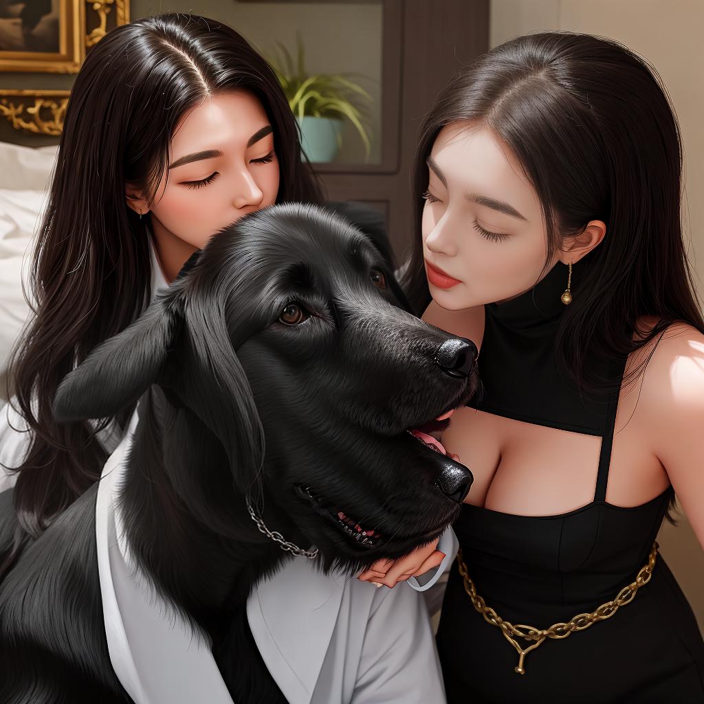  masterpiece, best quality,Woman is kissing with a strong black dog,