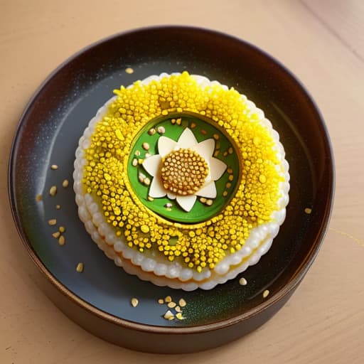  The picture shows the finished lotus seed glutinous rice cake, topped with golden osmanthus flowers,