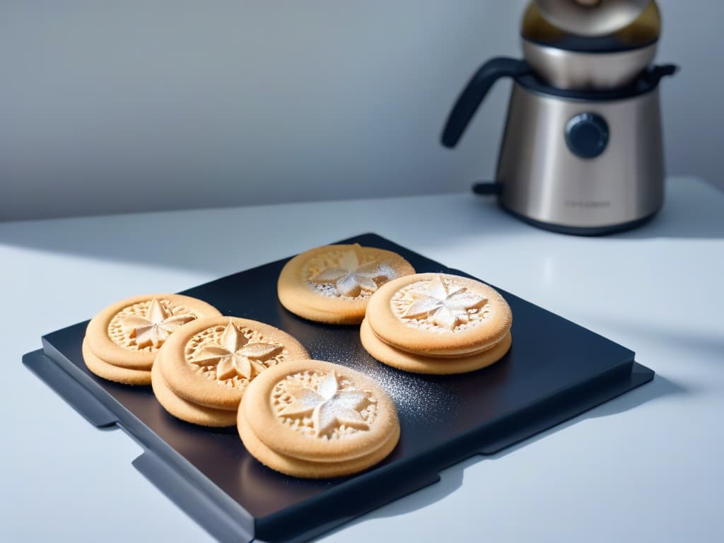  A closeup, ultradetailed image of a sleek, modern cookie press tool in matte black stainless steel, capturing the intricate design of the handle with a subtle reflection of ambient light for a minimalist and elegant aesthetic. hyperrealistic, full body, detailed clothing, highly detailed, cinematic lighting, stunningly beautiful, intricate, sharp focus, f/1. 8, 85mm, (centered image composition), (professionally color graded), ((bright soft diffused light)), volumetric fog, trending on instagram, trending on tumblr, HDR 4K, 8K