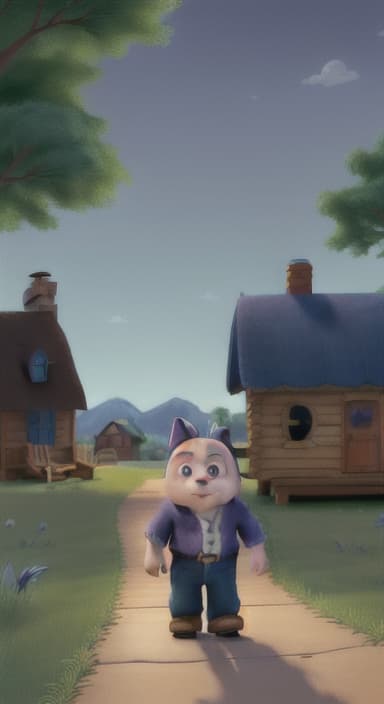  {Max walking back towards the cozy little house with droopy eyes, as twilight falls, The big blue dog is large with sky blue fur, big round eyes, a black nose, and floppy ears.