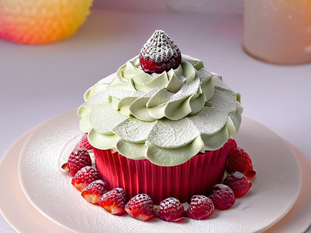  An ultradetailed 8k image of a delicate, intricately decorated cupcake with vibrant colors and exquisite detailing on a simple, elegant white plate. The cupcake is adorned with a single, perfectly placed raspberry on top, glistening with a hint of moisture, surrounded by a light dusting of powdered sugar. The background is a soft, blurred gradient that enhances the focus on the meticulous craftsmanship of the cupcake, creating a visually stunning and enticing image that embodies the essence of highquality, artisanal pastry ingredients. hyperrealistic, full body, detailed clothing, highly detailed, cinematic lighting, stunningly beautiful, intricate, sharp focus, f/1. 8, 85mm, (centered image composition), (professionally color graded), ((bright soft diffused light)), volumetric fog, trending on instagram, trending on tumblr, HDR 4K, 8K