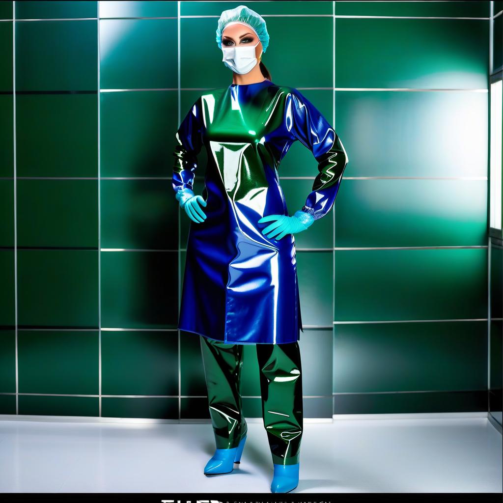  "(Highly detailed: 1.2), (lone female surgeon standing: 1.1) in (glossy latex: 1.2) (dark green: 1.2) and (dark blue: 1.2), (full length: 1.1), (front view: 1.1), (full face:1.1), (empty dressing room: 1.1) I am standing alone in the dressing room, against the backdrop of a tiled wall, and there is no one else. • Detailed description: (colors and details of the surgical suit: 1.1), two colors are available: (GLOSSY LATEX: 1.3) (dark green: 1.2) and (dark blue: 1.2). • Surgical outfit: (Glossy Straight Fit Latex Surgical Gown: 1.2), (Fit Size: 1.1), (Knee Length: 1.1), (Closed Collar: 1.1), (No Pockets: 1.1), (elastic waistband: 1.1), (long sleeves: 1.1), (elastic cuffs: 1.1), (glossy shower cap with elastic ribbon: 1.2), (surgical m hyperrealistic, full body, detailed clothing, highly detailed, cinematic lighting, stunningly beautiful, intricate, sharp focus, f/1. 8, 85mm, (centered image composition), (professionally color graded), ((bright soft diffused light)), volumetric fog, trending on instagram, trending on tumblr, HDR 4K, 8K