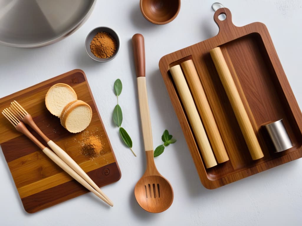  An ultradetailed image of a sleek, modern kitchen counter adorned with ecofriendly baking utensils made from sustainable bamboo and recycled materials. The image showcases a minimalist design with clean lines, featuring a rolling pin, measuring cups, mixing bowls, and a whisk, all in muted earth tones to convey a sense of environmental consciousness. The lighting is soft, casting gentle shadows that highlight the texture and craftsmanship of each utensil, creating a visually appealing and aspirational scene for beginner vegan bakers. hyperrealistic, full body, detailed clothing, highly detailed, cinematic lighting, stunningly beautiful, intricate, sharp focus, f/1. 8, 85mm, (centered image composition), (professionally color graded), ((bright soft diffused light)), volumetric fog, trending on instagram, trending on tumblr, HDR 4K, 8K