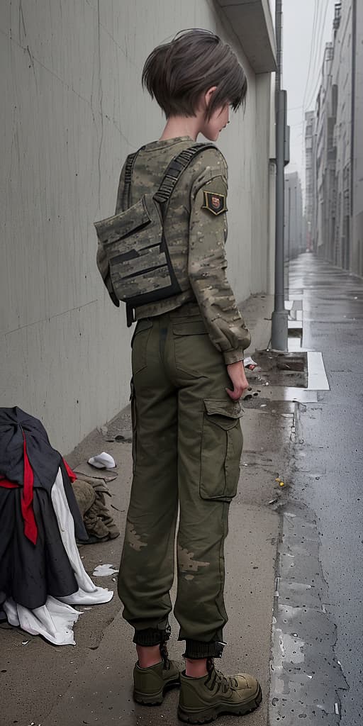  homeless-girl, boy's haircut, wearing only military pants, dirty, with her back, around the corner, it's raining