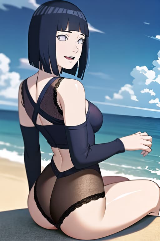  hinata\(boruto\),(masterpiece, best quality:1.2), illustration, absurdres, highres, extremely detailed,looking_at_ass,ocean_bottom,revealing_clothes,sitting,hand between,Giddy face