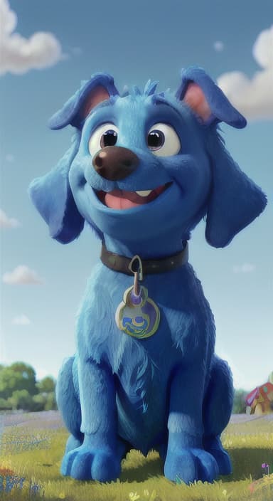  {A happy, big blue dog wagging its tail in a colorful meadow, The big blue dog is large with sky blue fur, big round eyes, a black nose, and floppy ears.