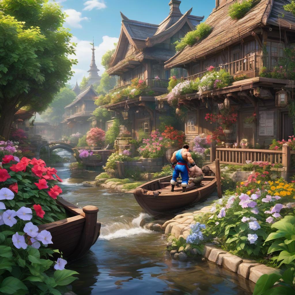  Street Fighter style Anime, ship made of old newspaper floating on the creek. (Background): summer, cozy yard with swings. Petunias are blooming in the flowerbed. . vibrant, dynamic, arcade, 2D fighting game, highly detailed, reminiscent of Street Fighter series hyperrealistic, full body, detailed clothing, highly detailed, cinematic lighting, stunningly beautiful, intricate, sharp focus, f/1. 8, 85mm, (centered image composition), (professionally color graded), ((bright soft diffused light)), volumetric fog, trending on instagram, trending on tumblr, HDR 4K, 8K