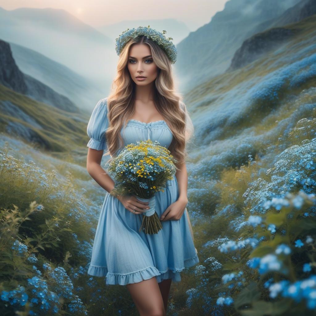  surrealist art Beautiful cute milkmaid in forget me nots with blondie id high detail,holding a bouquet of wildflowers forget me nots mah many big bouquet of forget me nots. mah huge etc.... high resolution, 124k max detail professional photo, anatomy, detailing background summer landscape meadow flowers . dreamlike, mysterious, , symbolic, intricate, detailed hyperrealistic, full body, detailed clothing, highly detailed, cinematic lighting, stunningly beautiful, intricate, sharp focus, f/1. 8, 85mm, (centered image composition), (professionally color graded), ((bright soft diffused light)), volumetric fog, trending on instagram, trending on tumblr, HDR 4K, 8K