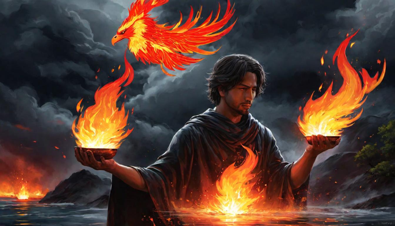  digital illustration, A flame held in open palms, unyielding against a dark stormy backdrop, Palms cupping a fiercely burning flame, defiance, hope, indomitable will, looking at viewer, dynamic pose, (intricate details, masterpiece, best quality)