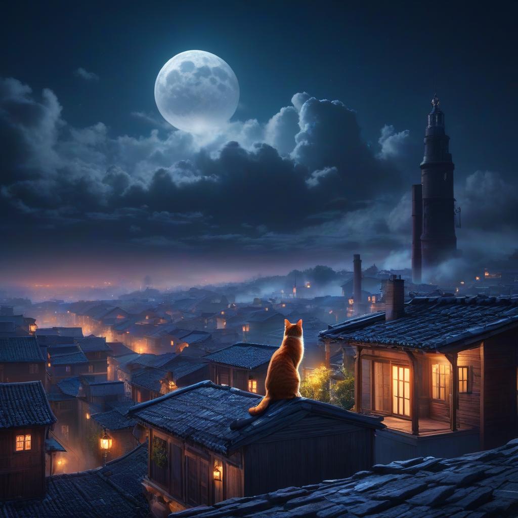  retro game art The cat walks along the rooftops, the full moon is shining, smoke is coming from the chimneys on the rooftops, night is in full swing . 16 bit, vibrant colors, pixelated, nostalgic, charming, fun hyperrealistic, full body, detailed clothing, highly detailed, cinematic lighting, stunningly beautiful, intricate, sharp focus, f/1. 8, 85mm, (centered image composition), (professionally color graded), ((bright soft diffused light)), volumetric fog, trending on instagram, trending on tumblr, HDR 4K, 8K