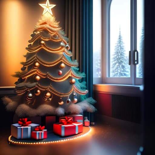 estilovintedois estilovintedois beautiful Christmas tree in room decorated with light toys for the New Year holiday, cozy home, hyper detailed, very detailed, photo, photorealism, realistic, cinematic, winter forest landscape, no text, best quality, high quality photography, 8K, 4K hyperrealistic, full body, detailed clothing, highly detailed, cinematic lighting, stunningly beautiful, intricate, sharp focus, f/1. 8, 85mm, (centered image composition), (professionally color graded), ((bright soft diffused light)), volumetric fog, trending on instagram, trending on tumblr, HDR 4K, 8K