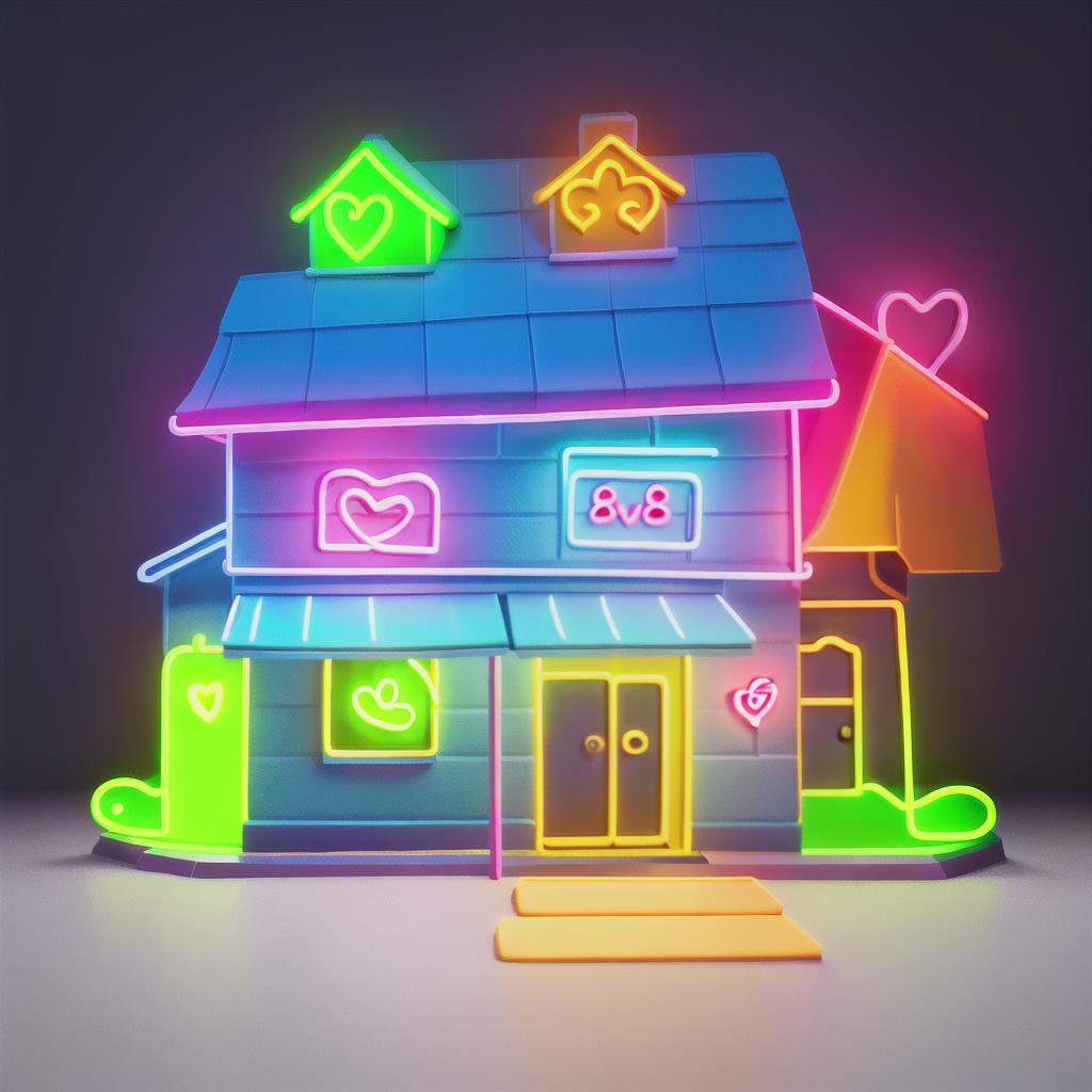  masterpiece, best quality, a neon business logo picture, simple undetailed neon house with a heart drawing, neon details only, one line drawing style, all captured in stunning 8k resolution,