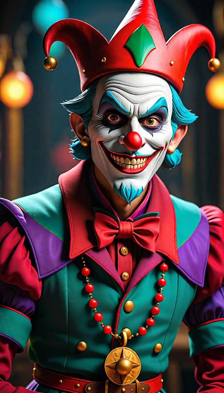  Professional 3D model of a sinister jester in a dark carnival. Dark, mysterious, scary, haunting, dramatic, ornate, detailed. . Rendered with Octane, the model is highly detailed,dramatic lighting. hyperrealistic, full body, detailed clothing, highly detailed, cinematic lighting, stunningly beautiful, intricate, sharp focus, f/1. 8, 85mm, (centered image composition), (professionally color graded), ((bright soft diffused light)), volumetric fog, trending on instagram, trending on tumblr, HDR 4K, 8K