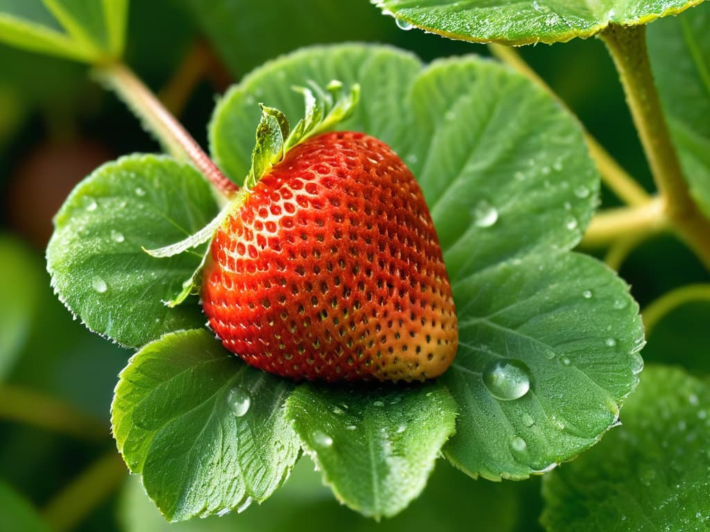  A closeup, ultradetailed image of a pristine, perfectly ripe strawberry glistening with dew drops under soft natural light, showcasing its vibrant red hue, intricate seeds, and delicate green leaves in exquisite clarity. hyperrealistic, full body, detailed clothing, highly detailed, cinematic lighting, stunningly beautiful, intricate, sharp focus, f/1. 8, 85mm, (centered image composition), (professionally color graded), ((bright soft diffused light)), volumetric fog, trending on instagram, trending on tumblr, HDR 4K, 8K