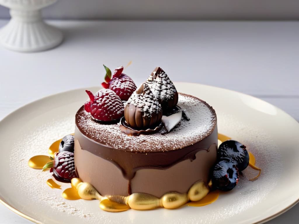  A highresolution closeup image of a delicate, intricate chocolate dessert plated on a white, fine china dish. The dessert features layers of glossy chocolate mousse, topped with a shimmering gold leaf, fresh raspberries, and a dusting of edible gold glitter. The background is softly blurred to emphasize the dessert's elegant presentation, showcasing the precision and artistry involved in creating a luxurious dessert suitable for a highend dining experience. hyperrealistic, full body, detailed clothing, highly detailed, cinematic lighting, stunningly beautiful, intricate, sharp focus, f/1. 8, 85mm, (centered image composition), (professionally color graded), ((bright soft diffused light)), volumetric fog, trending on instagram, trending on tumblr, HDR 4K, 8K