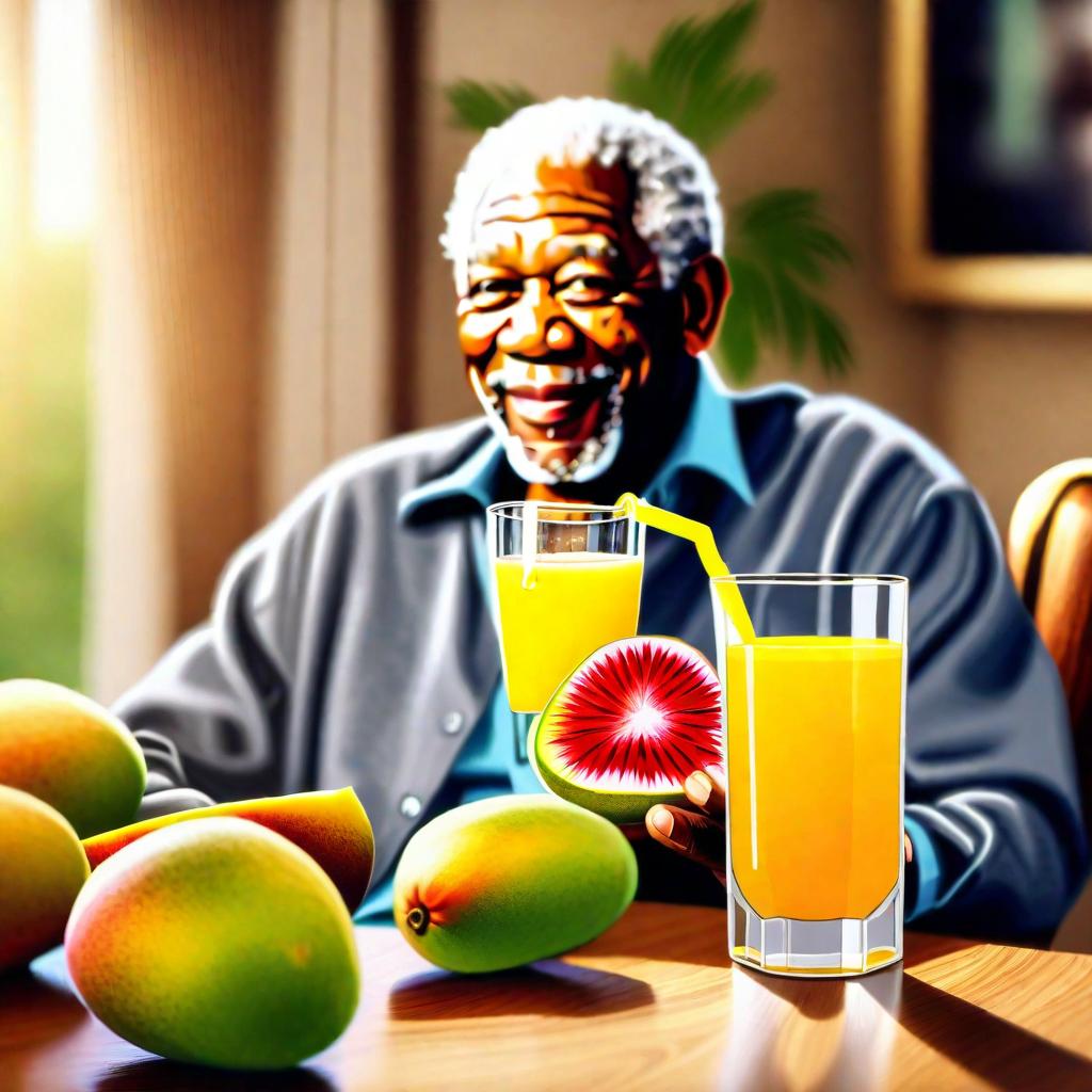  (((Morgan freeman))) drinking (((mango juice))) in a glass. sitting in a wooden chair in a living room, well furnished, bright light, (((photo realistic)))