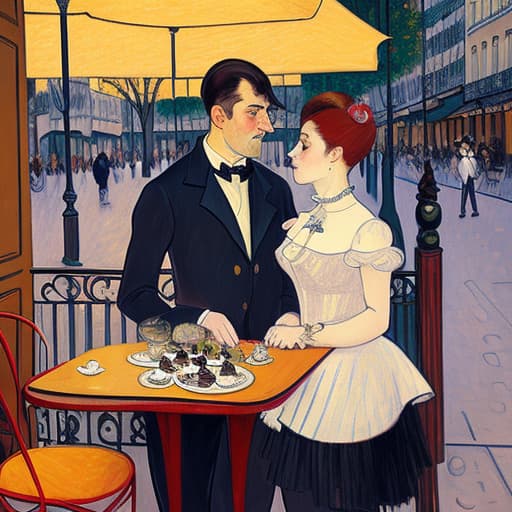  attractive young Parisian couple dressed in modern designer outfits who are romantically together in Paris. Foreground a small plate of fine dark chocolates on a bedside table. Background dusk with a light of the outdoor cafe street scene. Painting style of Henri de Toulouse-Lautrec