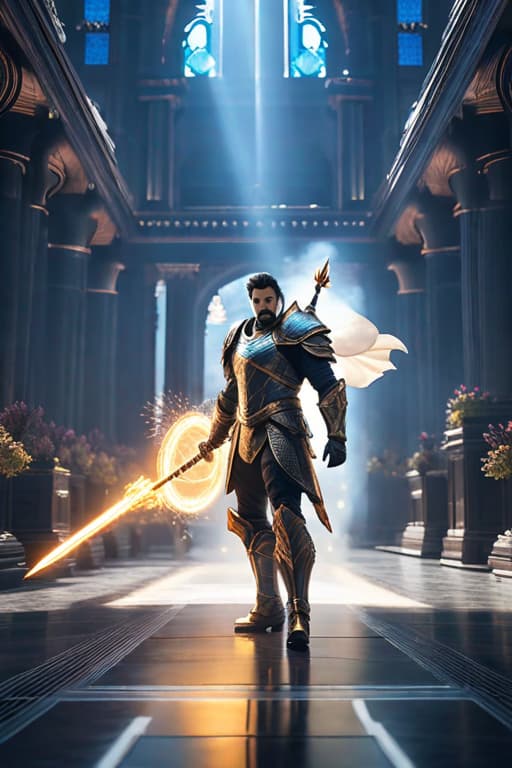  A man with shoulder length hair holding a glowing spear flying through the air, eyes glowing blue in glowing armor. hyperrealistic, full body, detailed clothing, highly detailed, cinematic lighting, stunningly beautiful, intricate, sharp focus, f/1. 8, 85mm, (centered image composition), (professionally color graded), ((bright soft diffused light)), volumetric fog, trending on instagram, trending on tumblr, HDR 4K, 8K